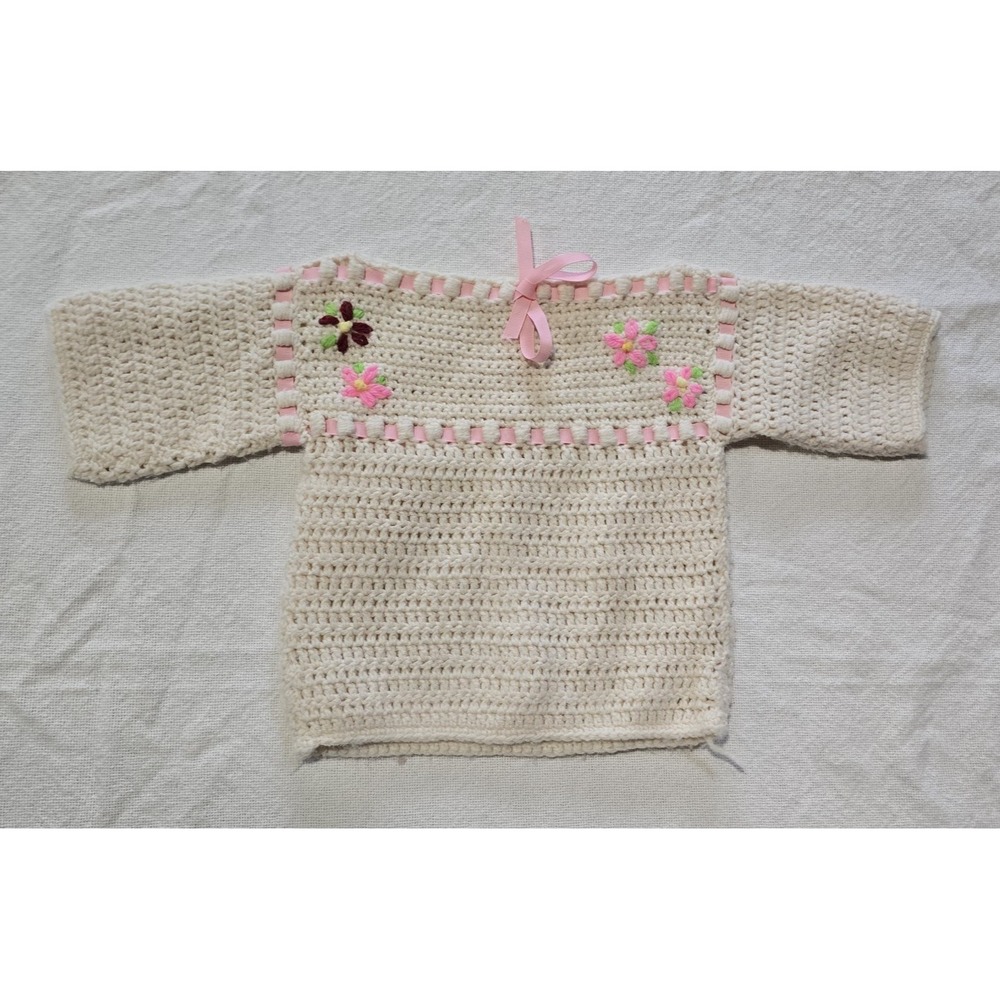 VTG Handmade 60s-70s Baby Girl White Crochet Knit Floral Ribbon Sweater Newborn